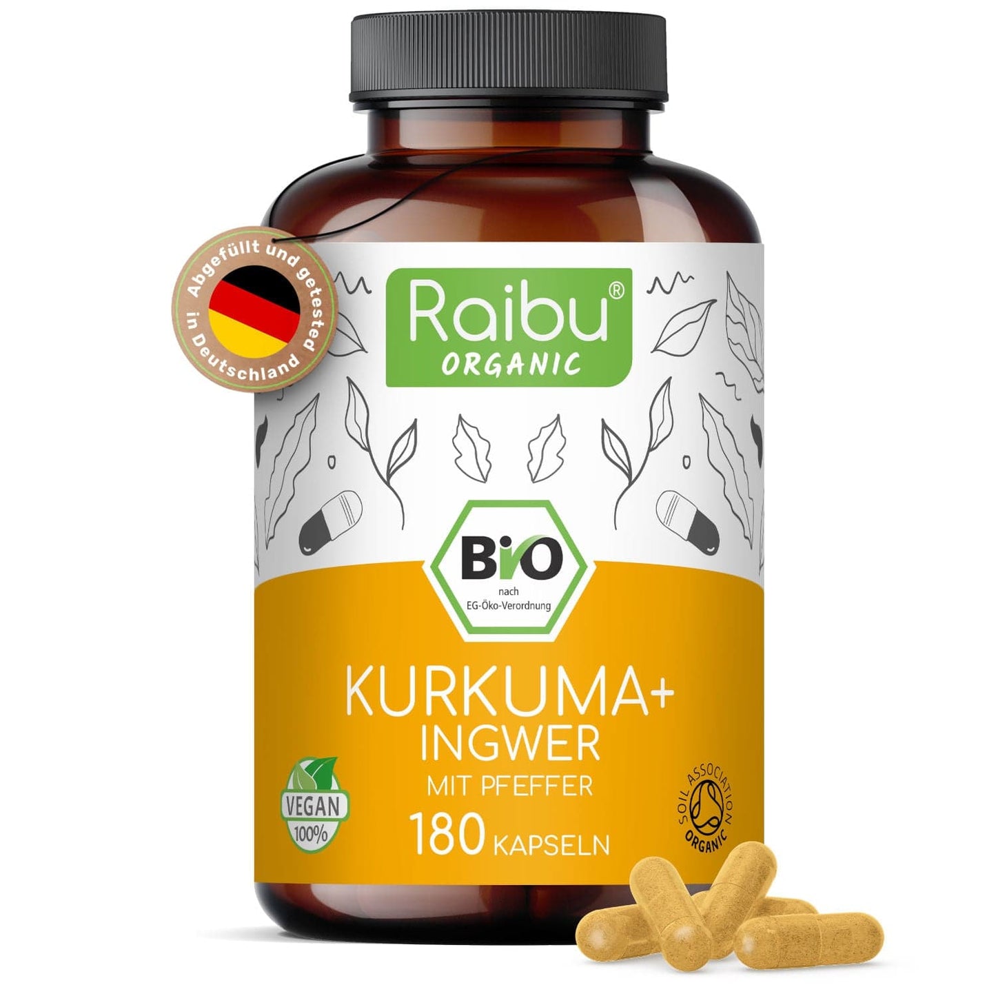 BIO Kurkuma Ingwer Kapseln mit schwarzer Pfeffer | 180 Kapseln mit 1500 mg je Kapsel