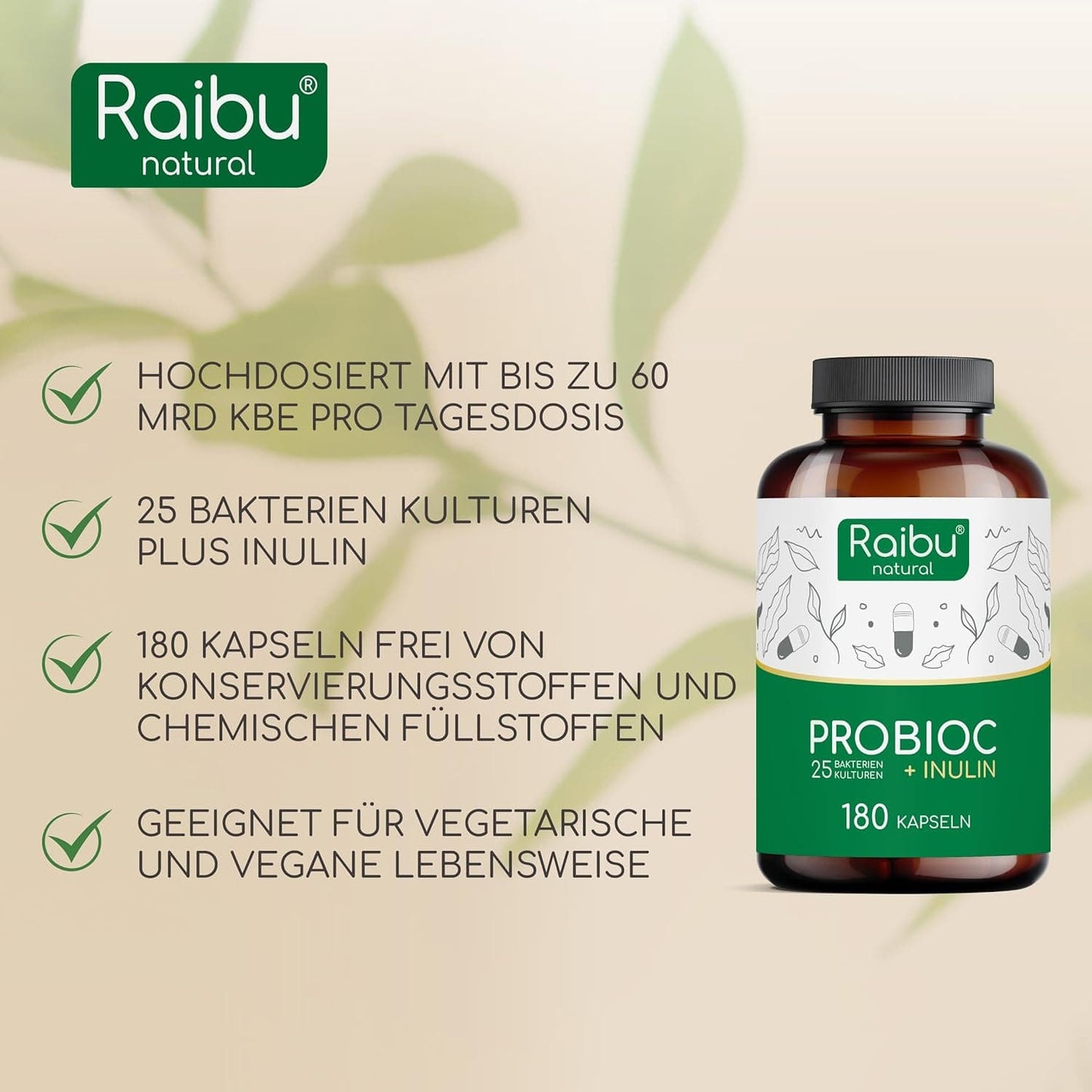 Probioc Kulturen Komplex | 25 Bakterienstämme mit Inulin | 180 Kapseln hochdosiert
