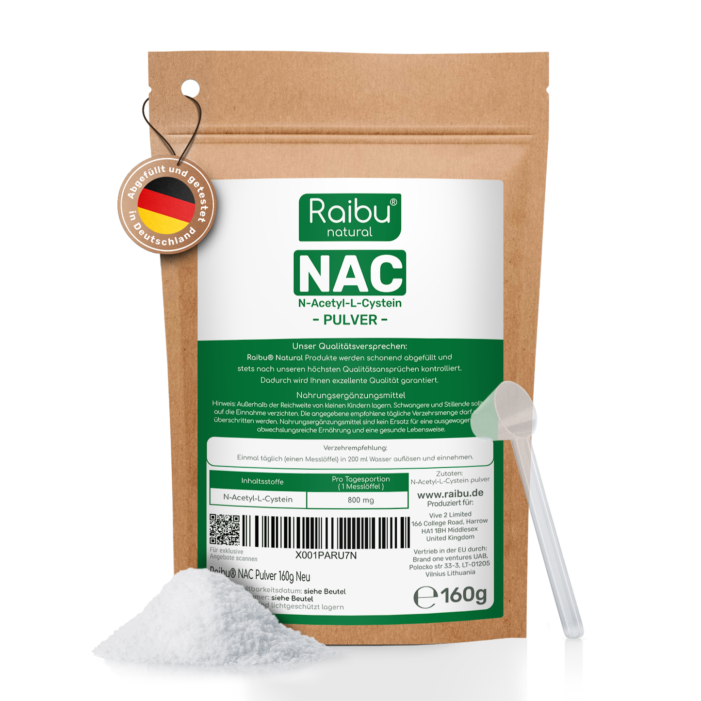 160 Gramm NAC-Pulver | Vegan & Hochdosiert | Für mehr als 6 Monate