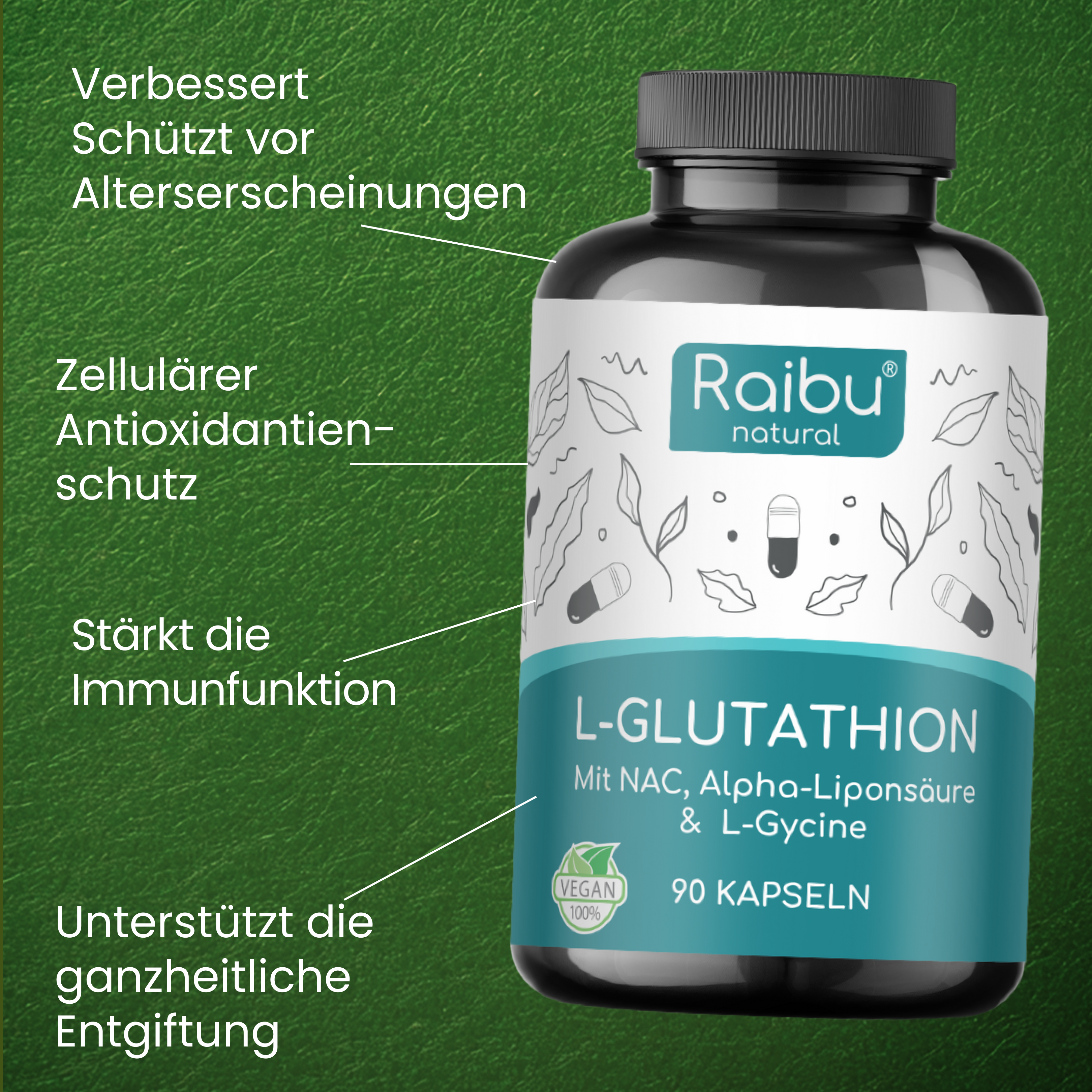 L-Glutathione | 90 Kapseln | + NAC, Alpha-Liponsure, L-Glycin | Raibu L-Glutathione | 90 Kapseln | + NAC, Alpha-Liponsure, L-Glycin | Raibu