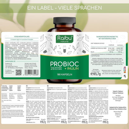 Probioc Kulturen Komplex | 25 Bakterienstämme mit Inulin | 180 Kapseln hochdosiert